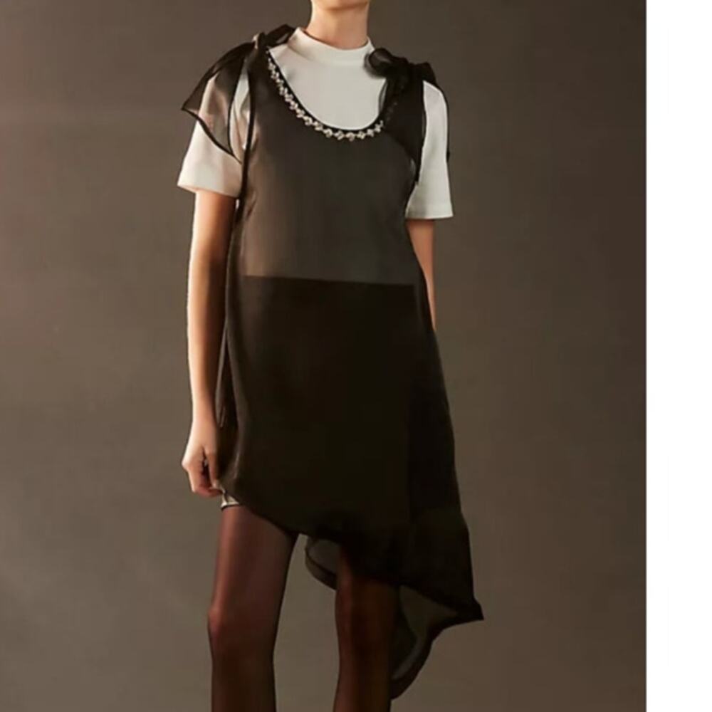 Anthropologie Sheer Layering Tunic Dress Top O/S Bow Rhinestone Pearl Asymmetric